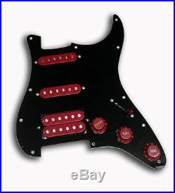 Dragonfire Prewired-Loaded Strat Pickguard HSS, 3 Ply Black with RED Pickups