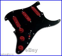 Dragonfire Strat Prewired-Loaded PURE NOISELESS SSS Guard, Black with Red Pickups
